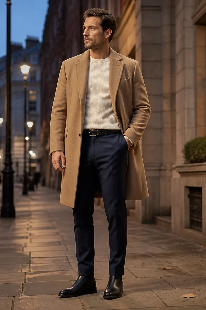 A smart outdoor look: black Chelsea boots, navy trousers, and a camel overcoat with wide lapels. The coat's wool texture and the boot shine contrast are visible in the photo.