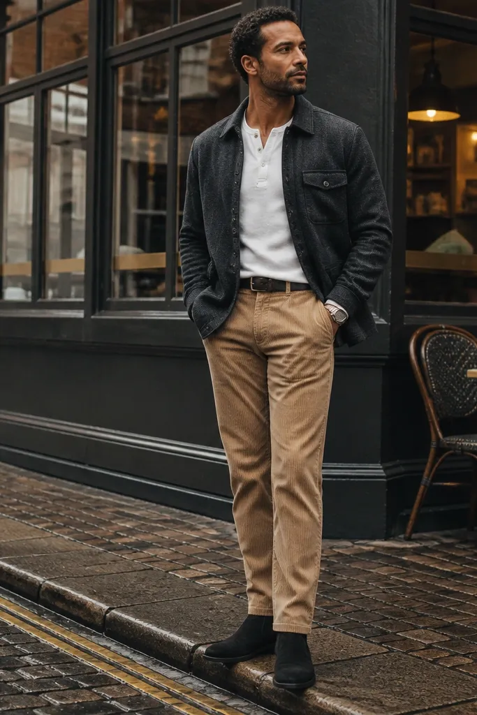A warm-toned outfit: black suede Chelsea boots, tan corduroy pants with visible wale texture, and a white henley shirt. The suede grain catches light along the boot toe.