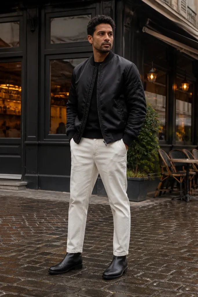A high-contrast outfit: black Chelsea boots, white tapered chinos, and a black bomber jacket with ribbed cuffs. The boots stand out sharply against the light pants.