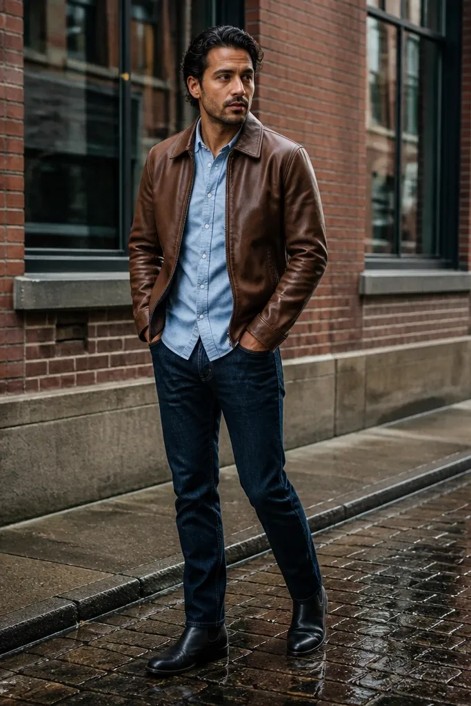 A classic layered look: black Chelsea boots, light blue oxford shirt, and a brown leather jacket. The photo shows the jacket collar and the boot toe shape clearly.