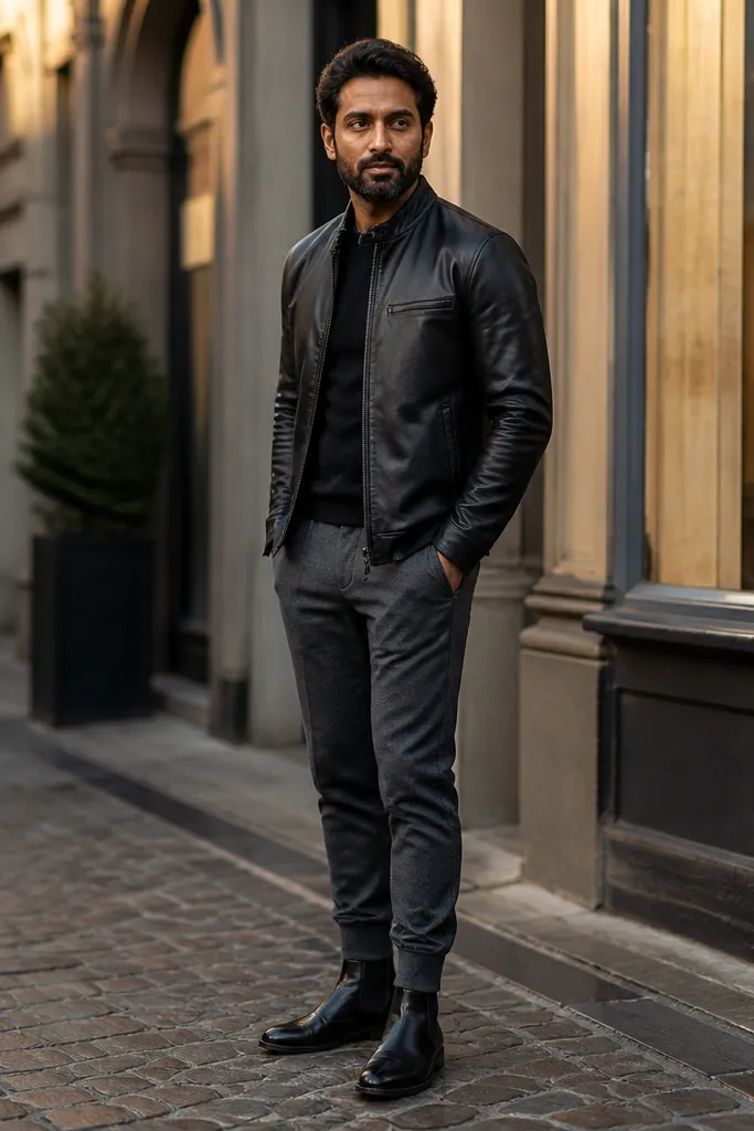 A casual-cool outfit: black Chelsea boots, grey joggers with a tapered ankle, and a black leather jacket worn open over a dark tee. The image highlights the contrast between jogger softness and boot structure.