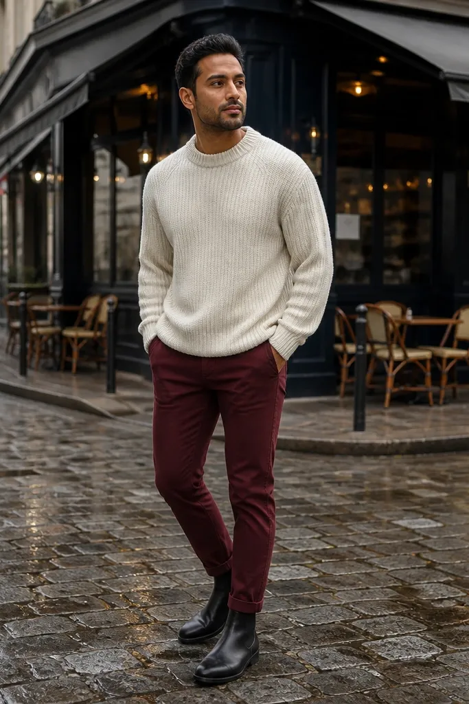 A fall outfit: black Chelsea boots, burgundy chinos, and a cream knit sweater. The photo shows the sweater's knit pattern and the boot's sleek side elastic.