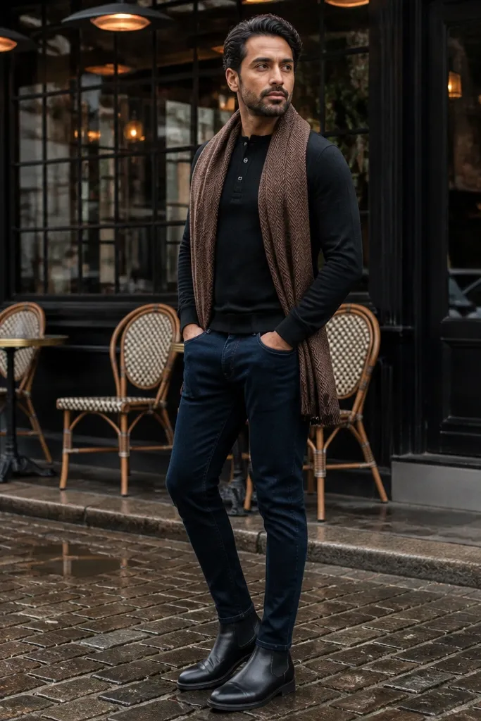 A cool-weather street shot: black Chelsea boots, navy denim jeans, a black henley shirt, and a brown scarf draped at the neck. The scarf texture contrasts with the boot leather.