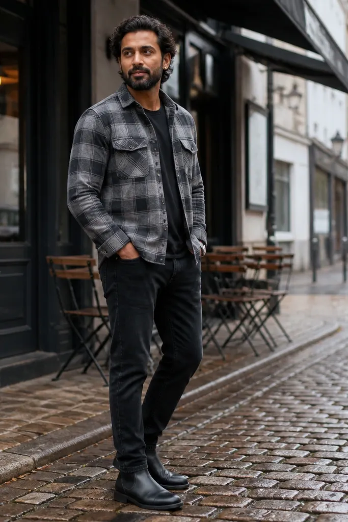 A casual layered look: black Chelsea boots, black jeans, and a grey plaid flannel shirt worn buttoned or partially open. The photo shows the flannel pattern and boot toe detail.