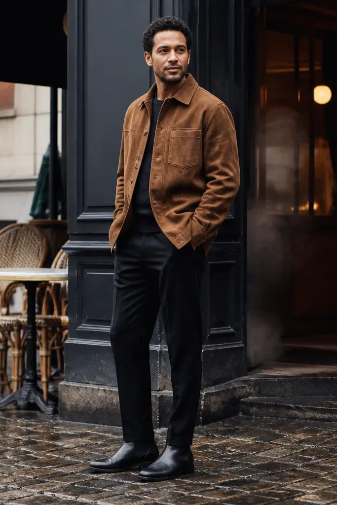 A layered outfit indoors: black Chelsea boots, black tapered pants, and a tan overshirt worn open over a dark tee. The overshirt's cotton twill texture is visible.