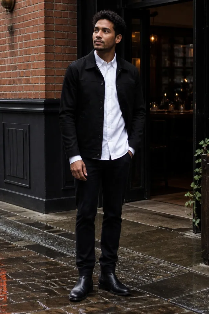 A crisp outfit: black Chelsea boots, black chore jacket, and a white oxford shirt tucked in. The photo shows the jacket's workwear stitching and the boot's side elastic.