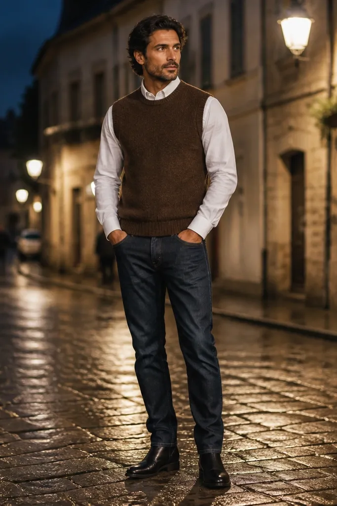 A layered smart-casual look: black Chelsea boots, dark jeans, a brown wool sweater vest over a light shirt. The image shows the vest texture and the boot shape from the side.