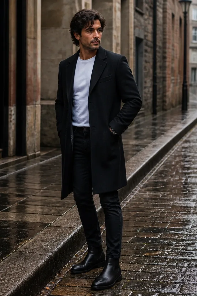 A winter street shot: black Chelsea boots, slim black jeans, a white t-shirt, and a black overcoat. The coat has a clean lapel and falls to mid-thigh.