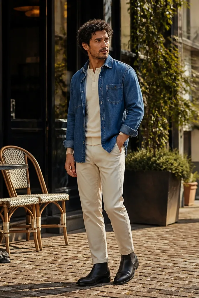 A casual spring outfit: black Chelsea boots, cream chinos, and a medium-blue denim overshirt worn open. The photo shows the overshirt seams and the boot toe against light pants.