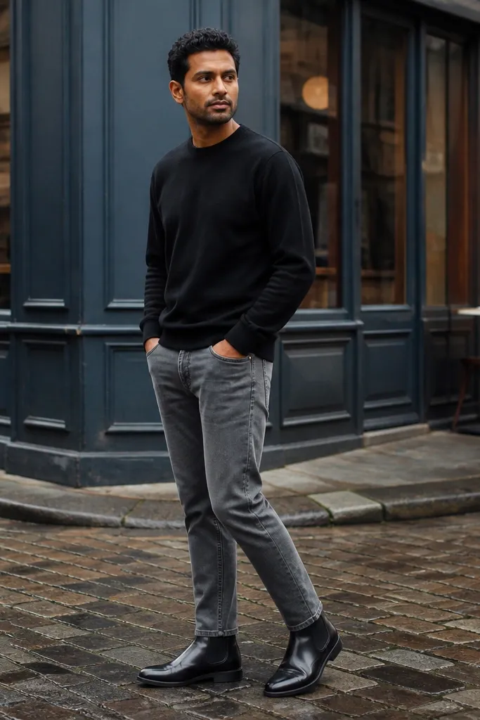 A relaxed outfit: black Chelsea boots, grey tapered jeans, and a black sweatshirt worn slightly loose. The photo shows the ankle transition and the sweatshirt's soft knit.