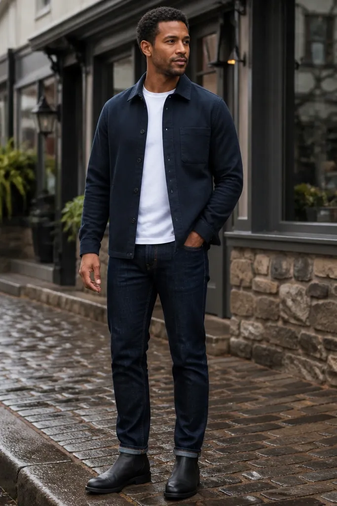 A layered casual look: black Chelsea boots, white tee, navy overshirt, and dark denim jeans. The navy overshirt has visible buttons and a slightly structured shape.
