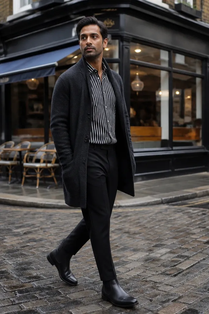 A slightly dressy casual outfit: black Chelsea boots, black trousers, a striped button-down, and a longline cardigan worn open. The cardigan reaches past the hips.