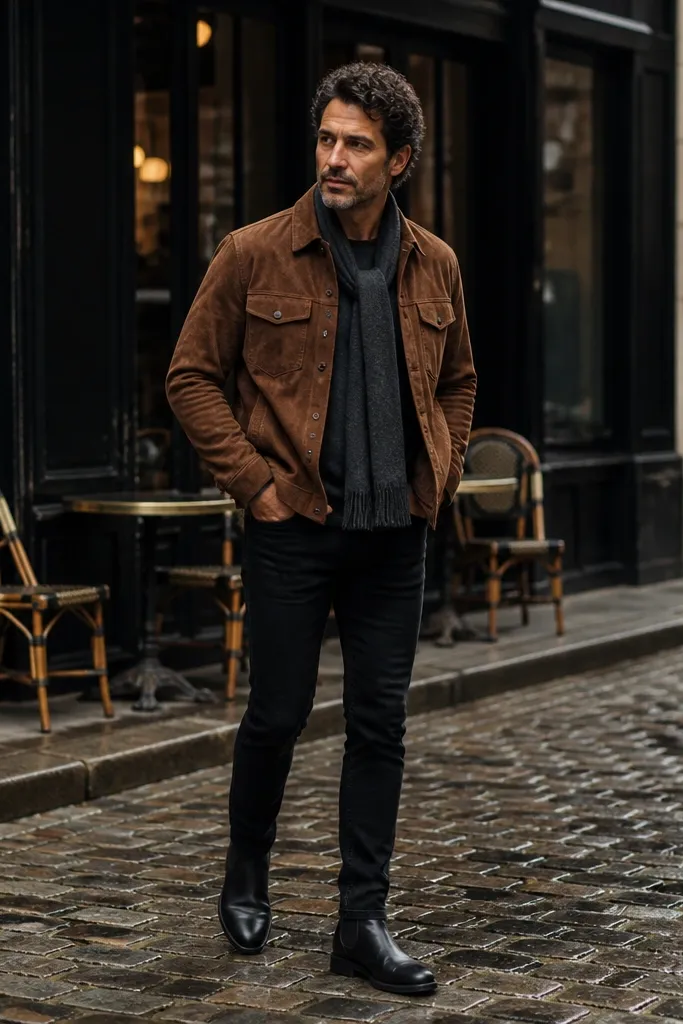 A suede-on-suede look: black suede Chelsea boots, brown suede overshirt, and black jeans. The photo shows the suede grain on both the boots and the overshirt.
