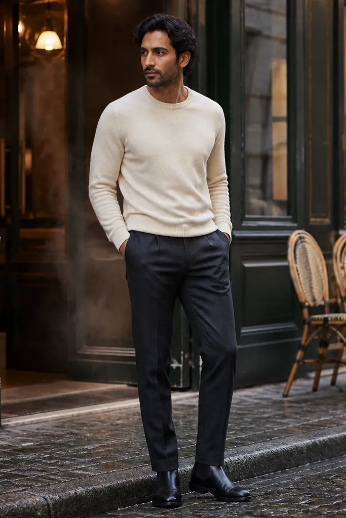 A cozy but sharp setup: black Chelsea boots, charcoal wool pants, and a cream sweater. The photo shows the sweater knit texture and the pants' matte wool look.