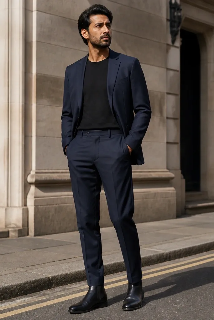 A smart casual outfit: black Chelsea boots, navy suit trousers, and a black crew t-shirt. The photo shows the tailored trouser crease and the clean boot line.