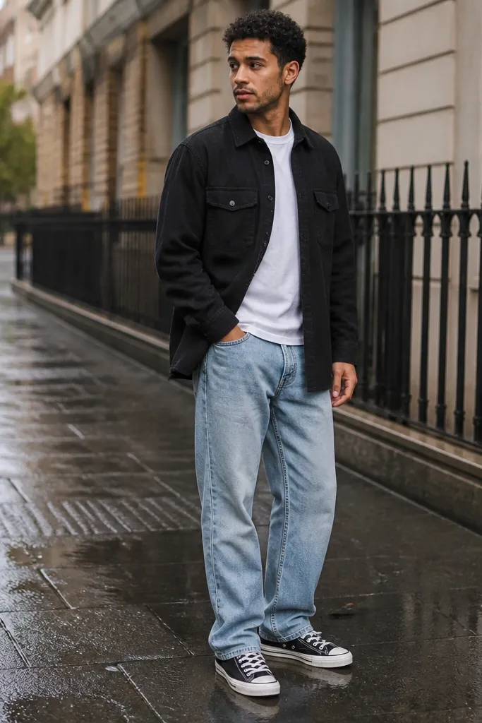 White t-shirt, light-wash jeans, black overshirt, black Converse