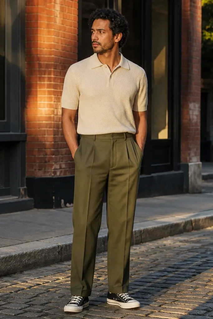 Cream polo, olive chinos, black Converse, simple watch