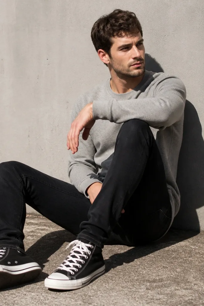 Heather gray sweatshirt, black slim jeans, black Converse