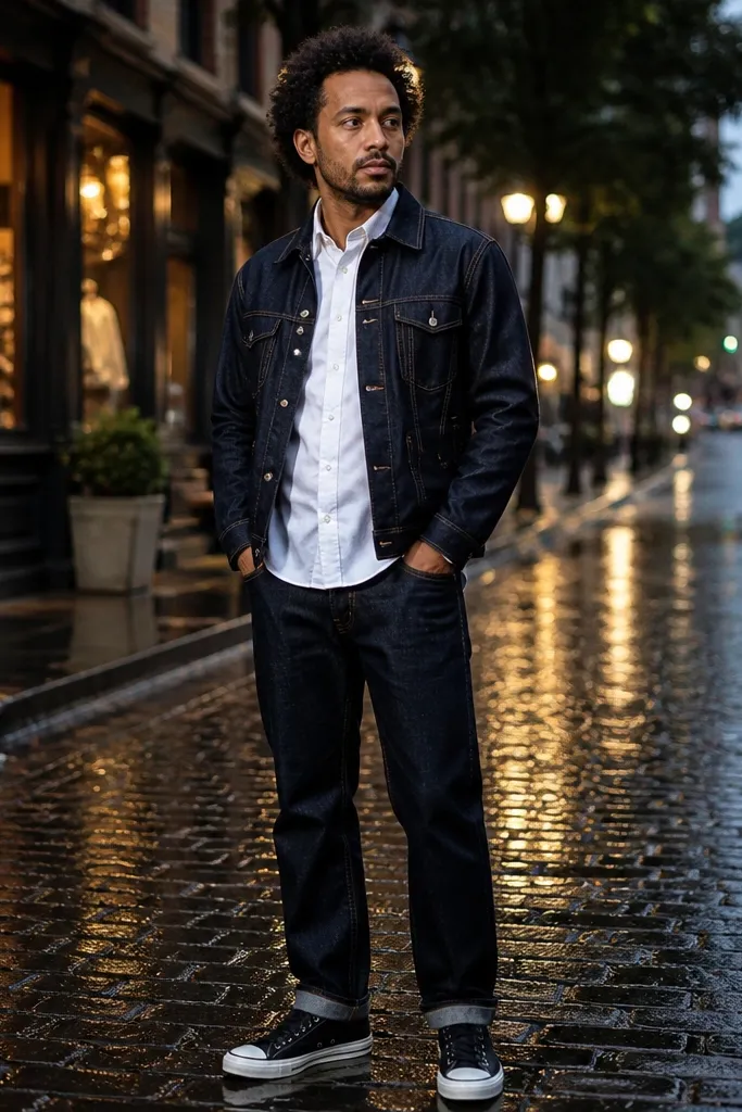 White oxford shirt under navy denim jacket with dark jeans and black Converse