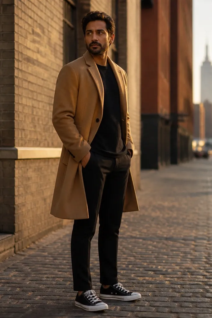 Camel overcoat over black tapered pants with black Converse