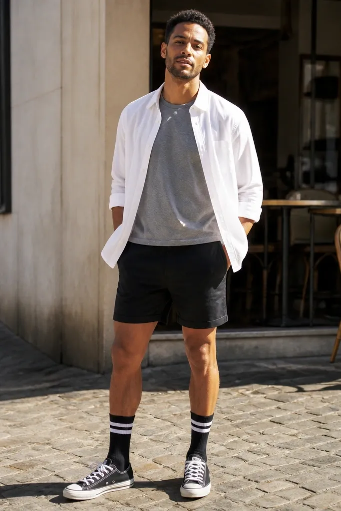 White button-up with black shorts and black Converse, long socks