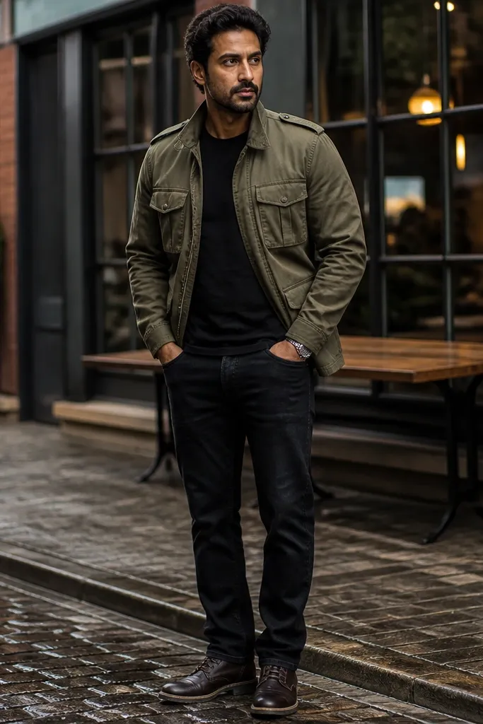 Olive military jacket over black tee with black straight jeans and black Converse