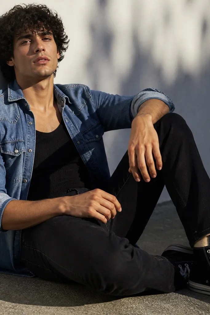 Denim shirt over black knit tank with black jeans and black Converse