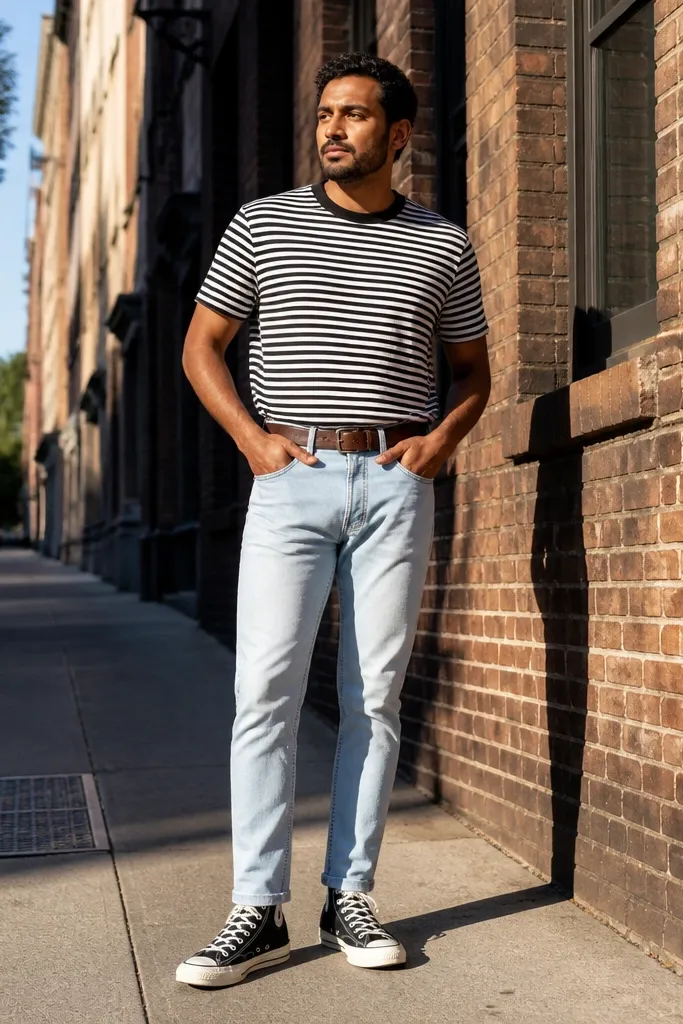 Striped tee with light blue jeans, cognac belt, black Converse
