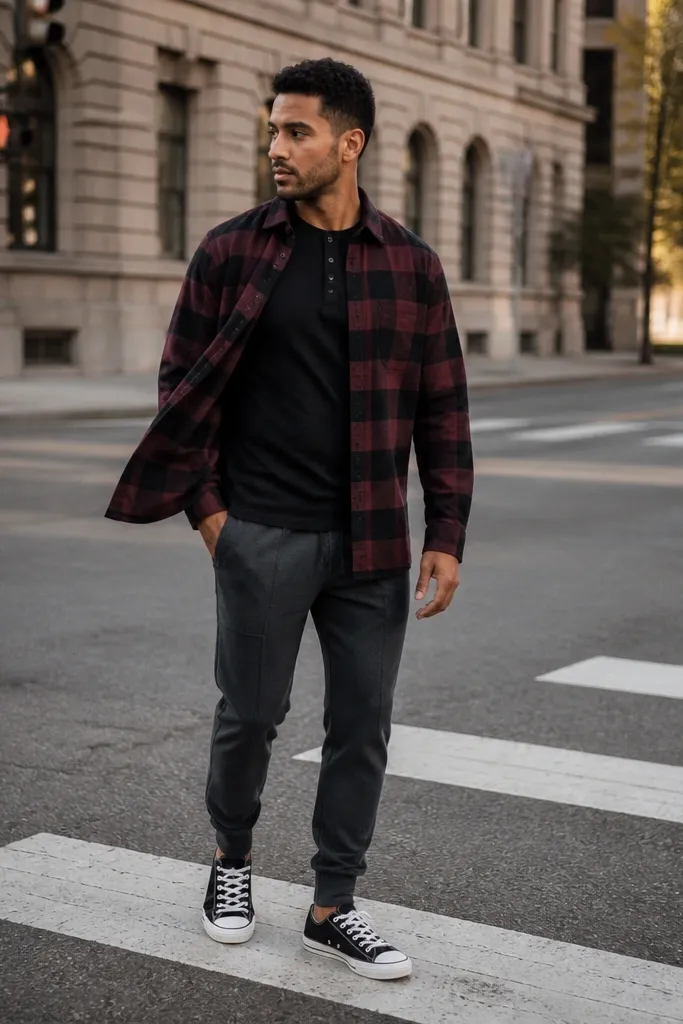 Plaid flannel over tee with charcoal joggers and black Converse