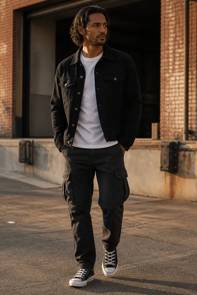 White tee, black denim jacket, cargo pants, black Converse