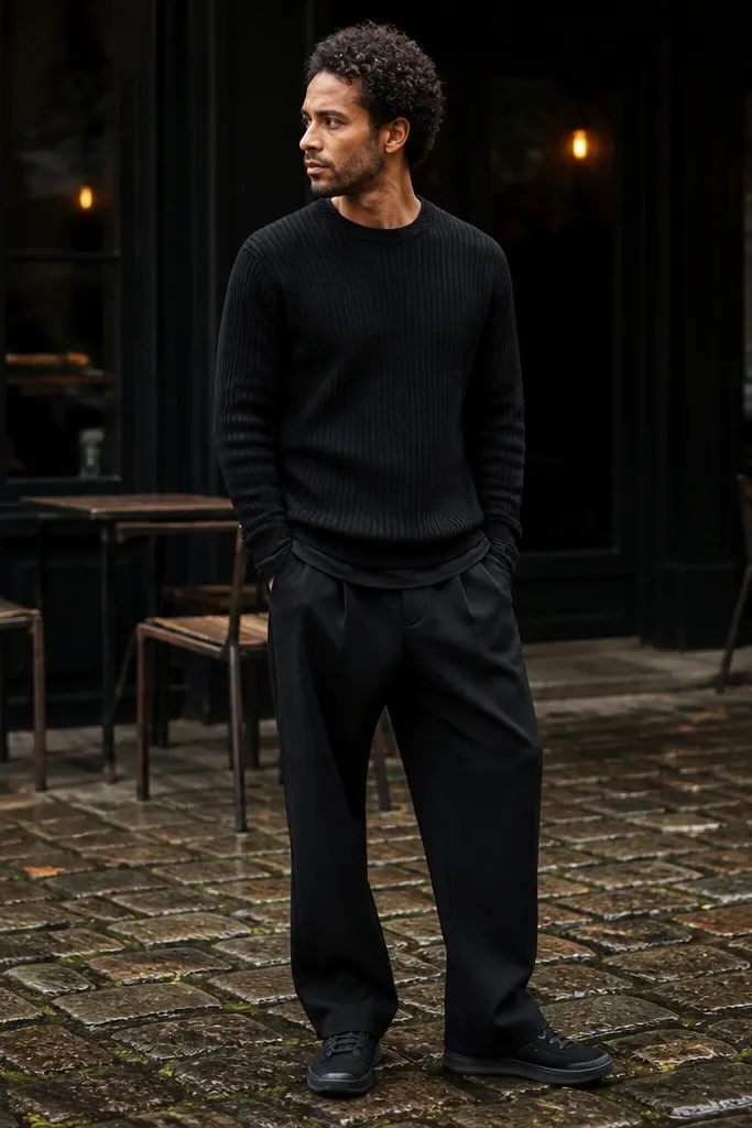 Black knit crew, slightly loose black trousers, black Converse