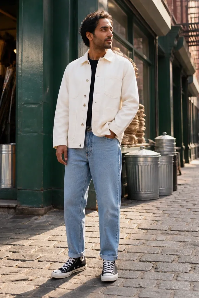 White chore jacket over tee with blue jeans and black Converse