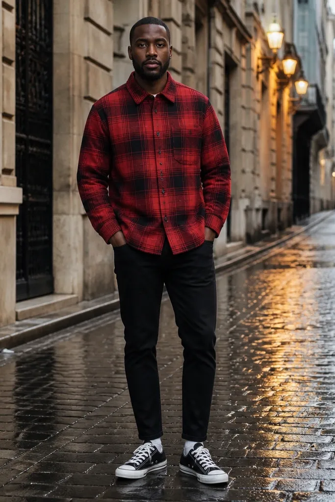 Red flannel shirt, black slim jeans, white socks, black Converse