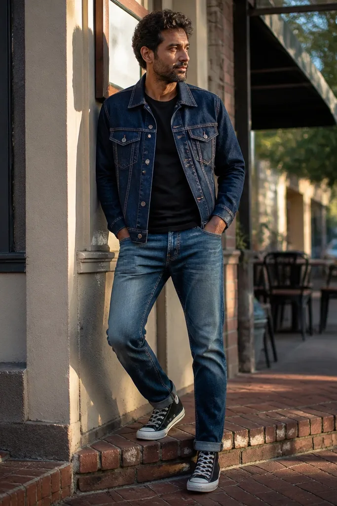 Dark denim jacket over black tee with mid-wash jeans and black Converse