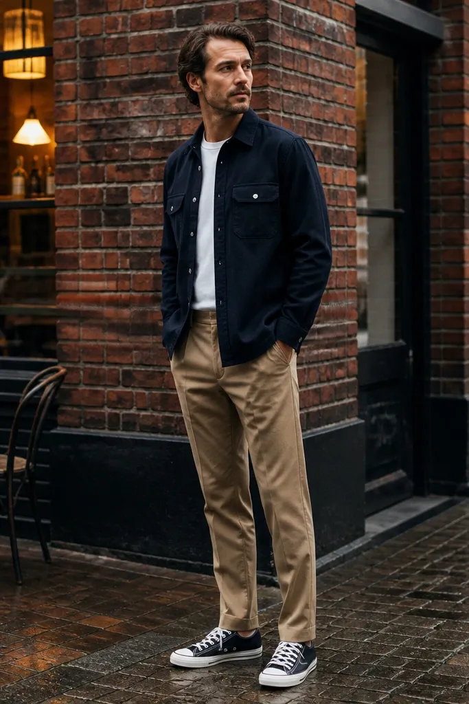 Navy overshirt over tee with tan trousers and black Converse