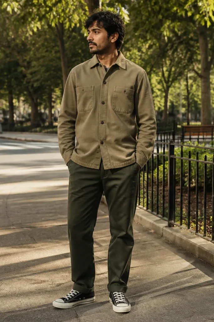 Khaki chore shirt, dark green pants, black Converse