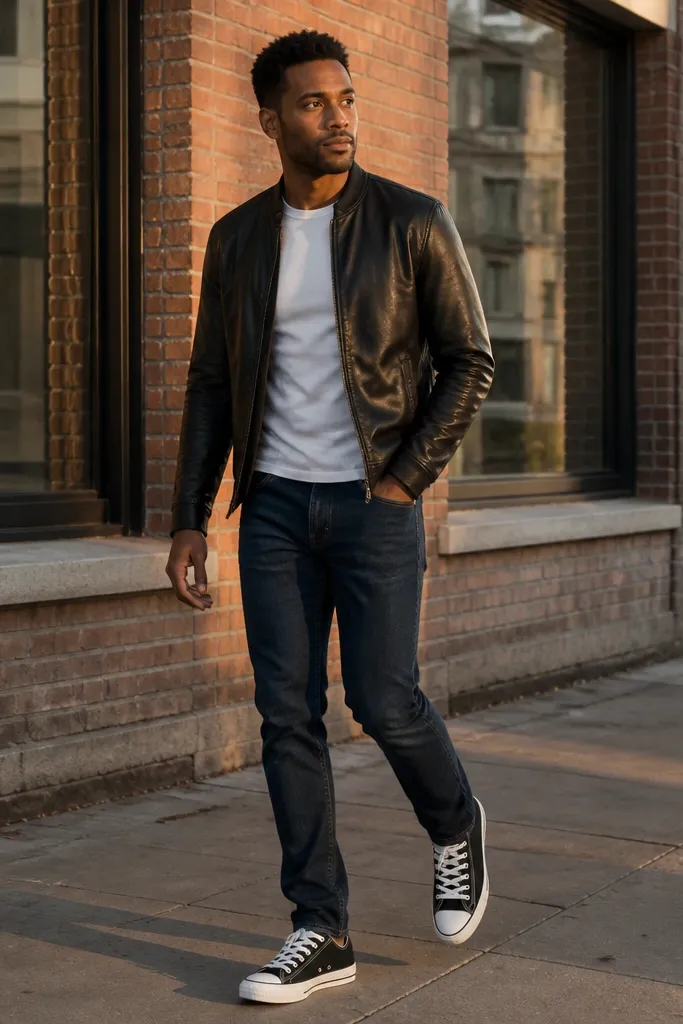 Black leather jacket, white tee, blue jeans, black Converse