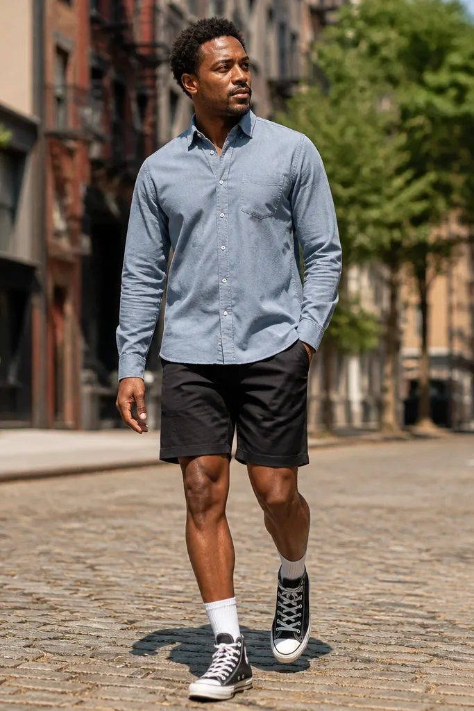 Chambray shirt over tee, black shorts, white socks, black Converse