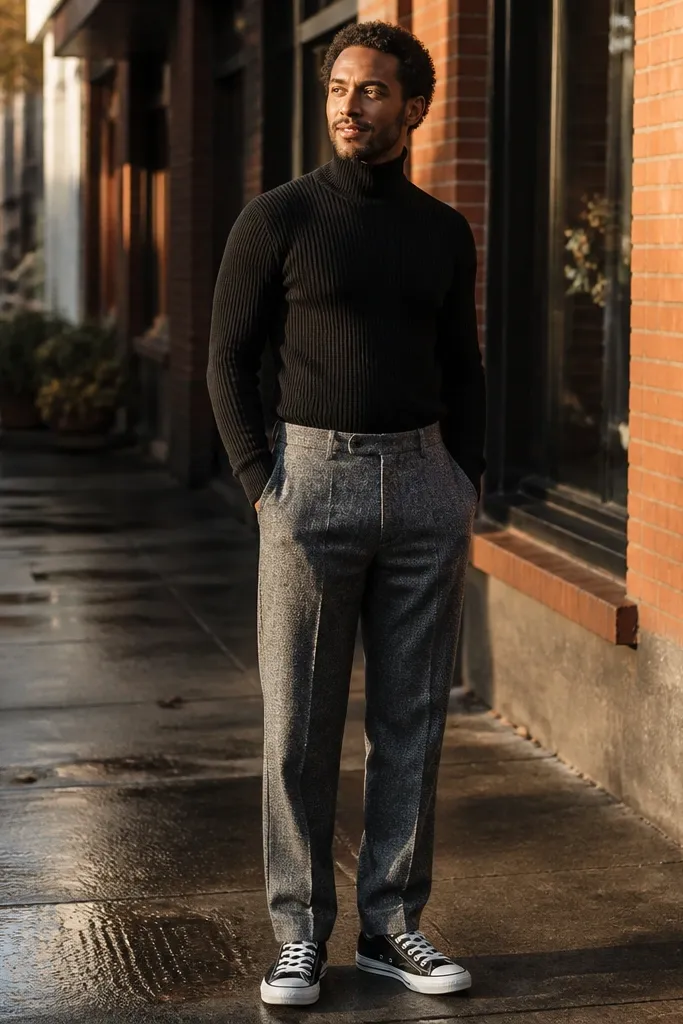 Black turtleneck with gray trousers and black Converse