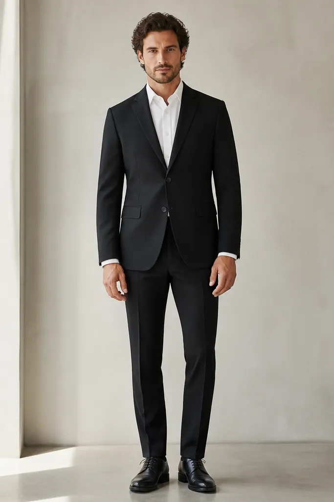 A man wearing a matte black blazer with a mid-hip hem, a white button-down Oxford shirt underneath, black tailored trousers, and black leather lace-up shoes. The outfit is photographed front-facing with the blazer buttoned, sleeves showing a clean cuff edge.