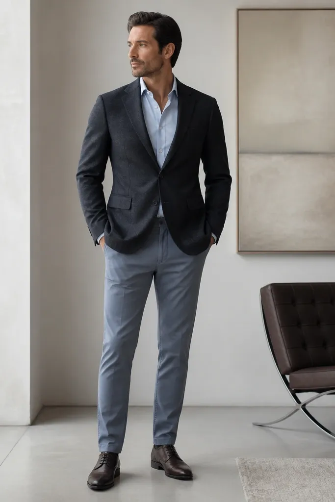 A man in a charcoal blazer over a light blue dress shirt, paired with cool gray-blue chinos and dark brown leather shoes. The photo shows the blazer hem covering the chino waistband by about an inch.