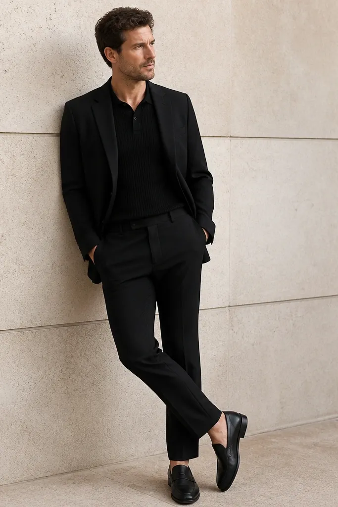 A man wearing a black ribbed knit polo under a black unlined blazer, with black trousers and black loafers. The knit collar sits flat and the blazer has no heavy lining visible at the cuffs.