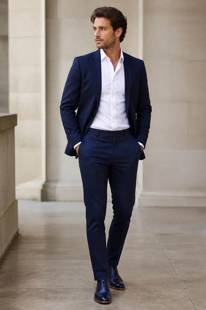 A man with navy chinos, a crisp white dress shirt, and a navy blazer or sport coat, paired with navy leather half-brogues. The photo shows the shirt tucked neatly and the shoes with perforation details.