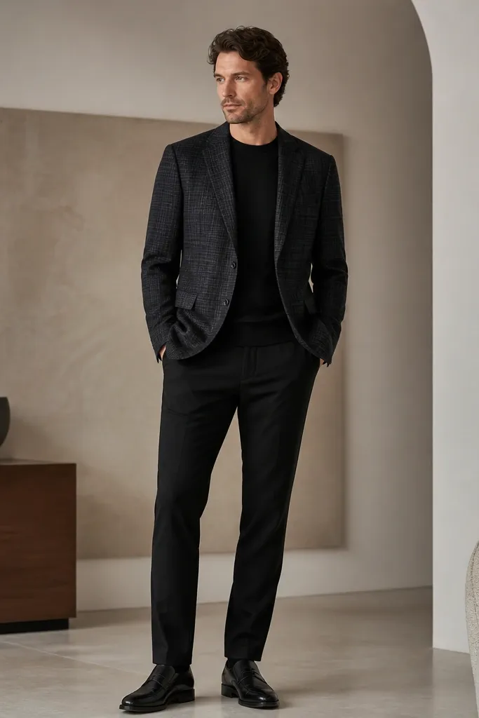 A man wearing a dark patterned blazer (subtle check) over a solid black crew-neck top, with black tailored trousers and black leather shoes. The blazer pattern is visible but not loud, and the outfit is photographed in even indoor light.