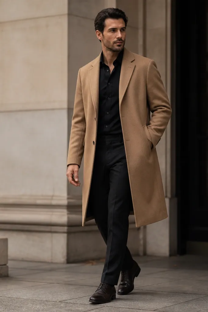 A man in a camel overcoat over a black dress shirt, paired with dark chinos and dark leather shoes. The coat hangs past the blazer line and the shirt collar is visible at the neck opening.