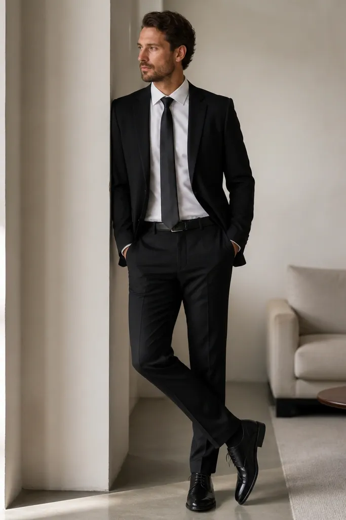 A man wearing a matte black blazer with a white dress shirt and a black satin tie. The tie knot is centered and the tie length reaches the belt buckle area. Black trousers and black leather dress shoes complete the look.