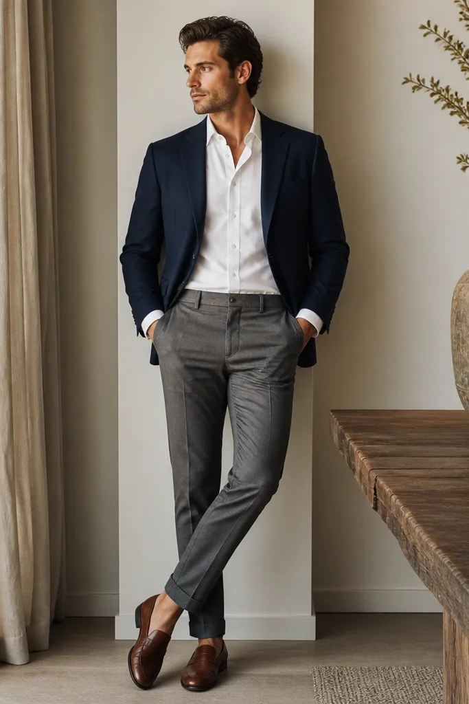 A man in a navy blazer with a white linen shirt that has a slightly relaxed texture, paired with medium-gray chinos and brown leather loafers. The sleeves are shown with a subtle cuff roll, and the shirt is tucked with a clean line.