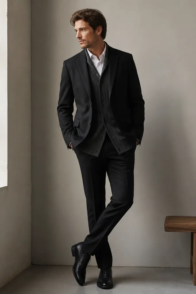 A man wearing a longline charcoal cardigan over a collared shirt, with a black blazer on top. Black trousers and black shoes finish the outfit. The photo shows the cardigan hem peeking below the blazer slightly.