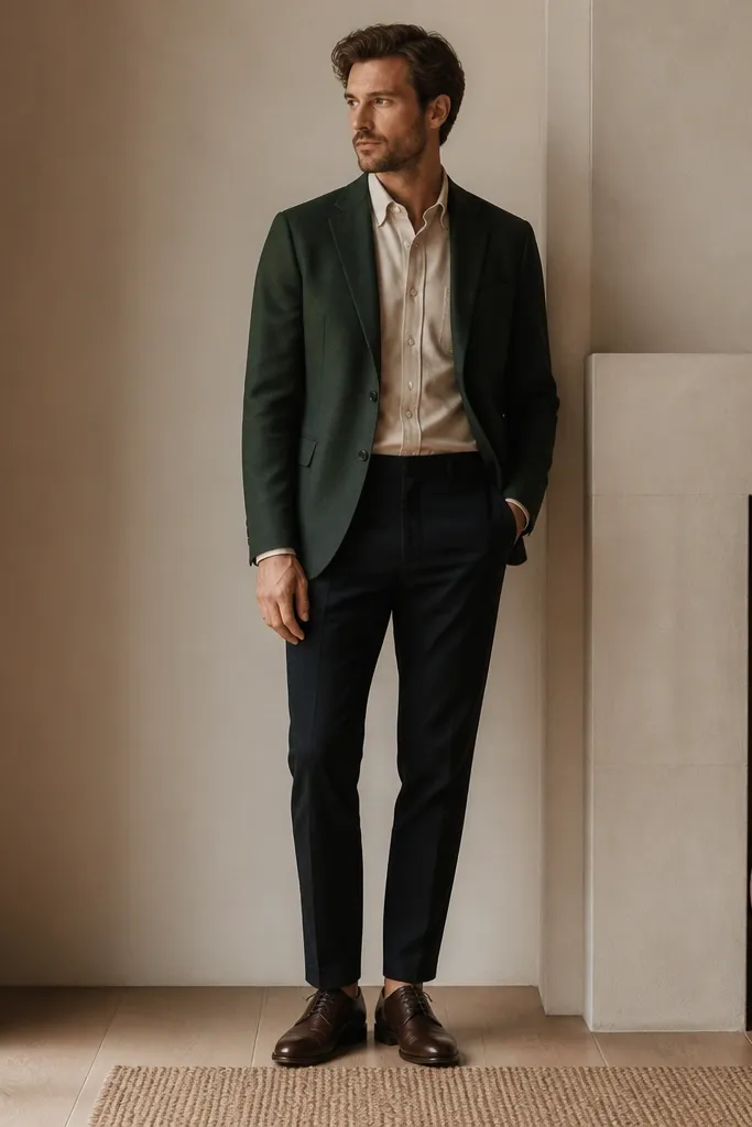 A man wearing a dark green sport coat with a cream dress shirt and tapered dark chinos. The shoes are dark brown leather, and the photo shows the shirt collar sitting flat.
