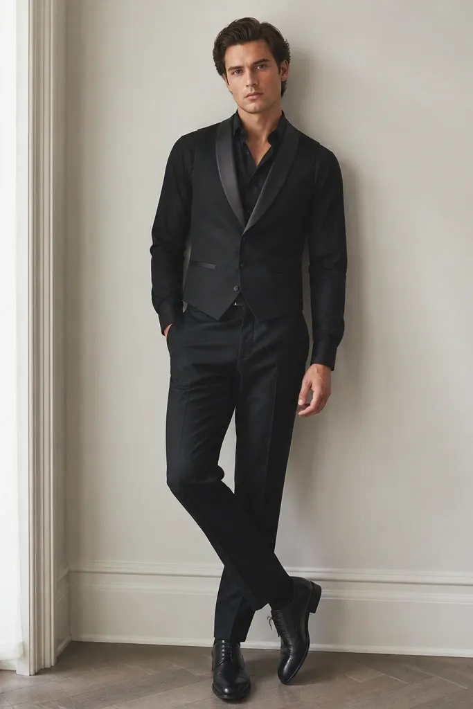 A man wearing a black dress shirt with a black vest that has satin-like lapels (tux style), paired with black trousers and black leather shoes. The vest is buttoned and shows a clean V shape at the chest.